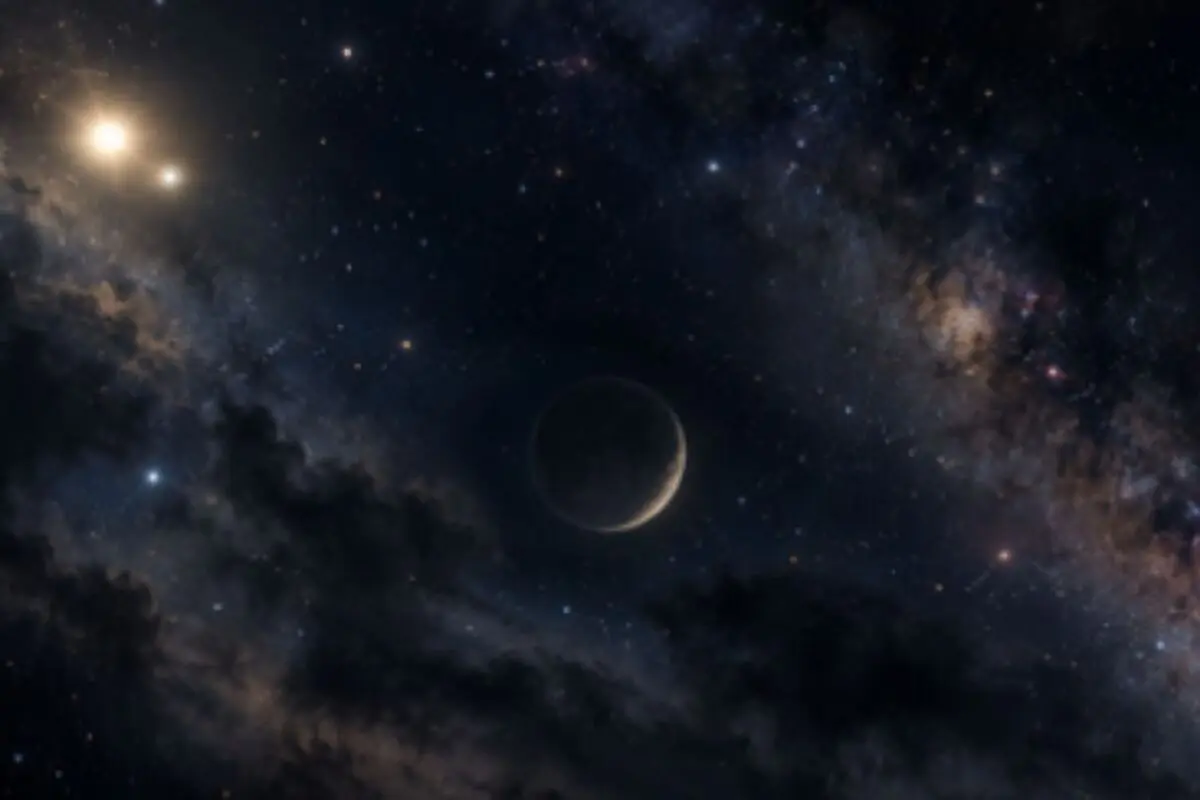 Night sky with a crescent moon surrounded by dark clouds and a galaxy-filled, starry background.