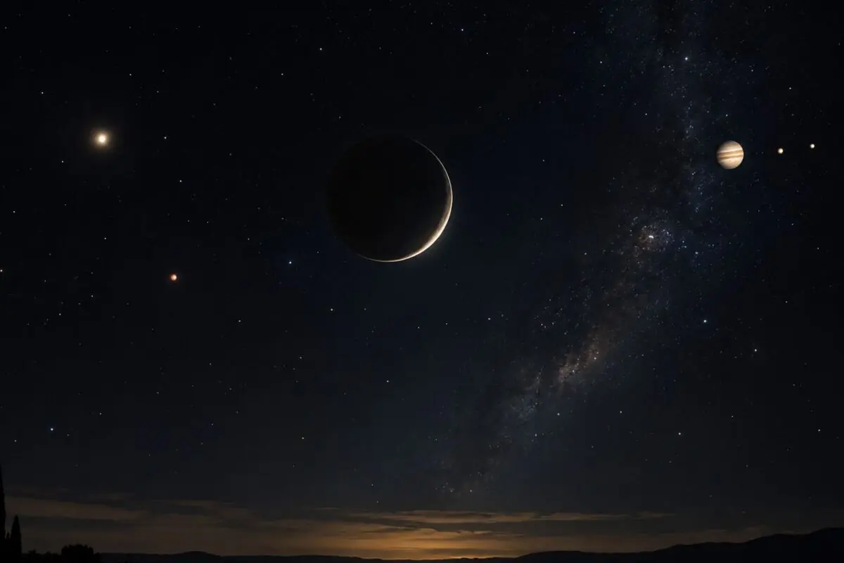 Night sky with a thin crescent moon and several planets shining beside the Milky Way above a dark horizon. Night sky with a thin crescent moon and several planets shining beside the Milky Way above a dark horizon.