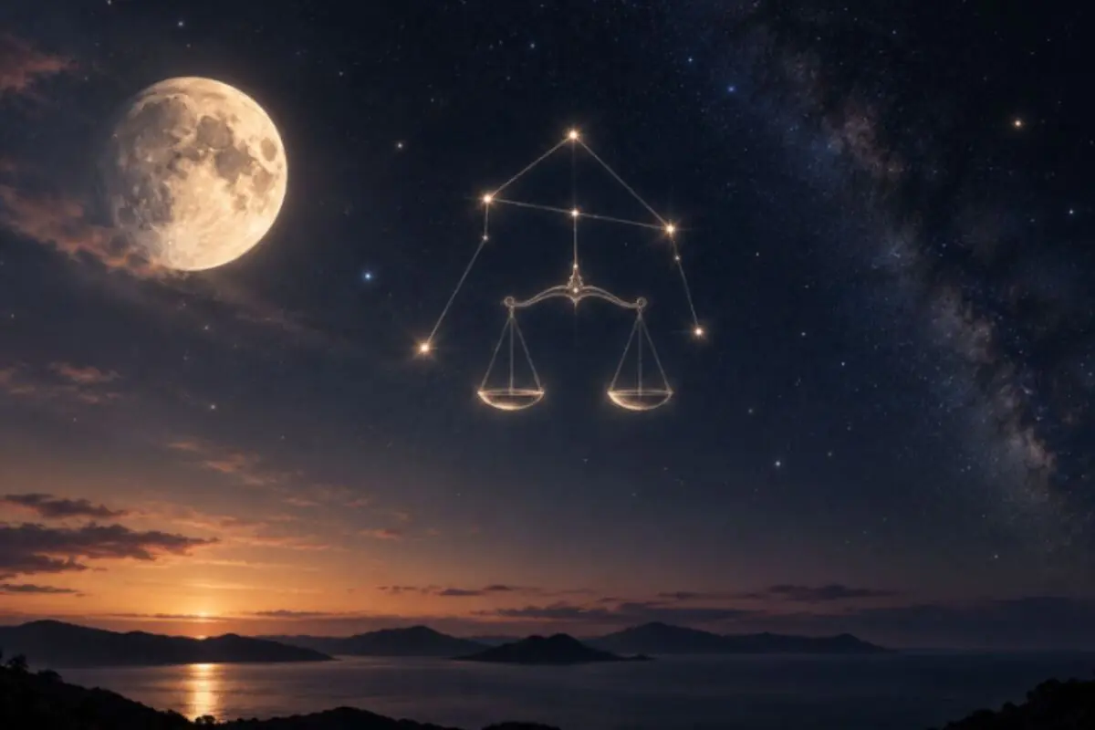 Night sky with a full moon over the sea at sunset and the constellation Libra drawn with stars in the shape of a scale. Night sky with a full moon over the sea at sunset and the constellation Libra drawn with stars in the shape of a scale.