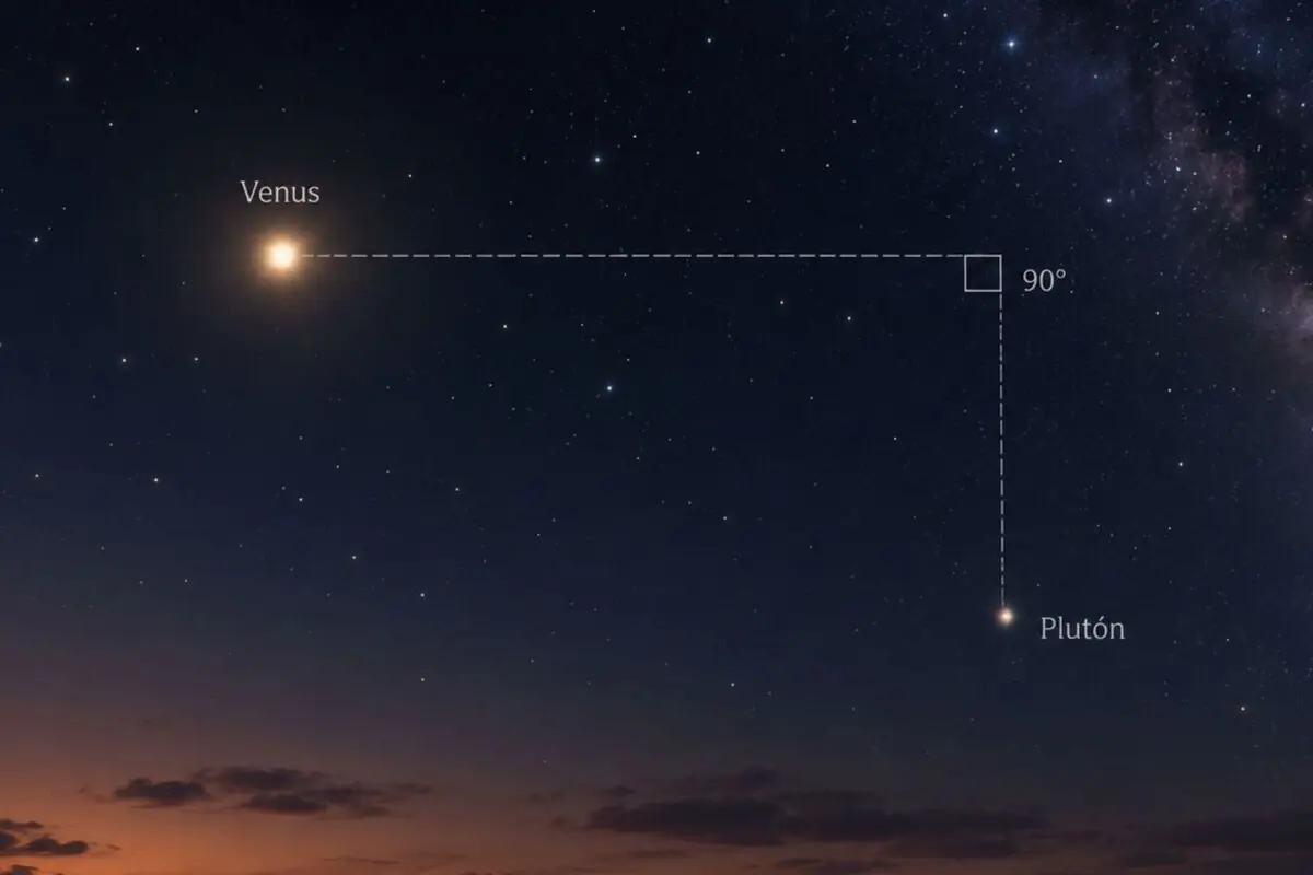 Night sky with Venus and Pluto indicated by dotted lines forming a right 90-degree angle above the horizon.