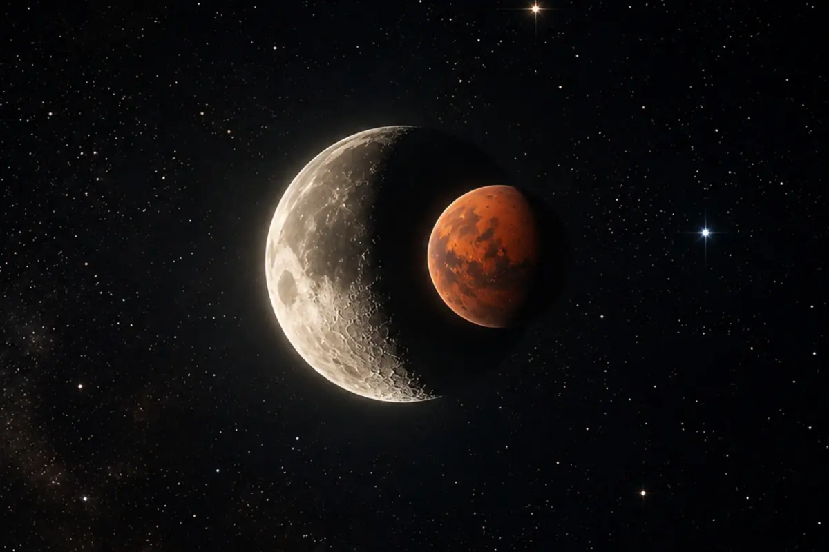 Illustration of the Moon in a waxing phase aligned with a red planet against a starry sky. Illustration of the Moon in a waxing phase aligned with a red planet against a starry sky.