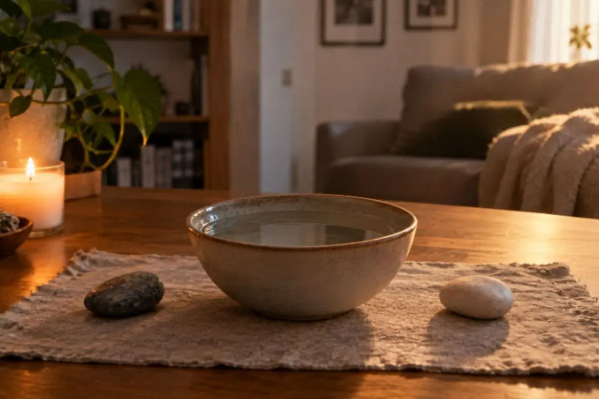 Ceramic bowl with water on a cloth tablecloth next to two stones and a lit candle in a cozy living room.