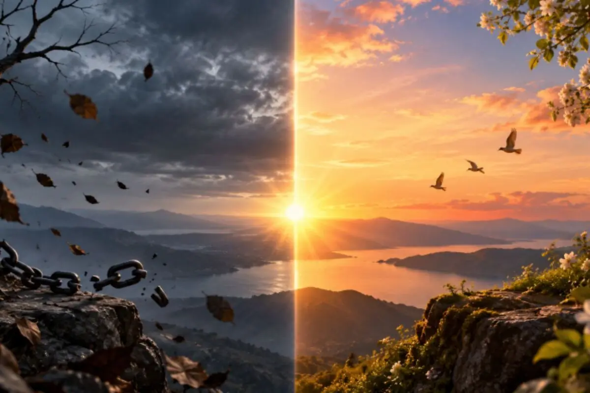 Landscape split between a dark, stormy side with broken chains and leaves flying, and a bright side with a golden sunrise over mountains and a lake, with birds in flight and white flowers.