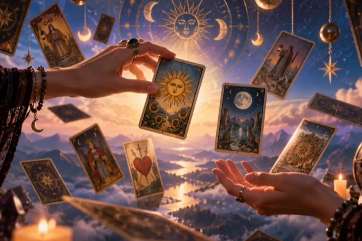 Hands holding tarot cards floating in a mystical sky with the sun and moon above a landscape of mountains and lit candles Hands holding tarot cards floating in a mystical sky with the sun and moon above a landscape of mountains and lit candles