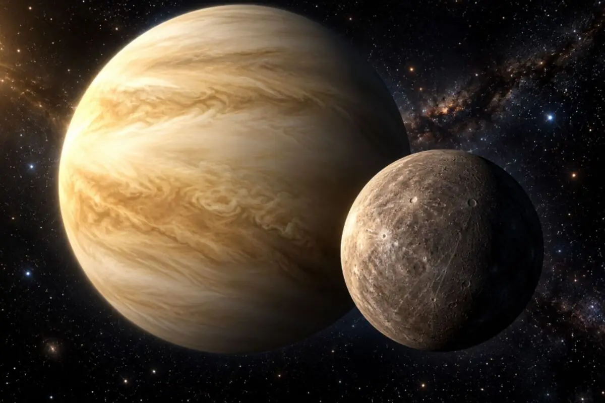 Space illustration with two different-sized planets in the foreground, surrounded by stars and galaxies against the dark background of the universe. Space illustration with two different-sized planets in the foreground, surrounded by stars and galaxies against the dark background of the universe.