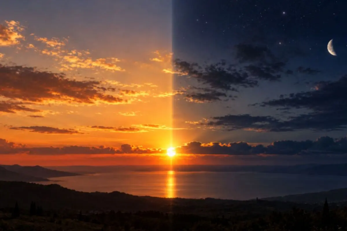 Coastal landscape with the horizon divided between an orange sunset and a starry night sky with a crescent moon over the sea.