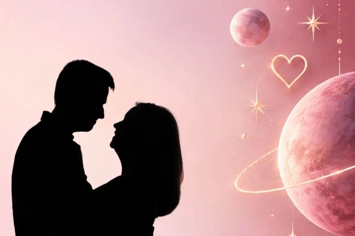 Silhouette of a couple hugging against a pink background with planets, rings, stars, and a glowing heart floating in the sky.