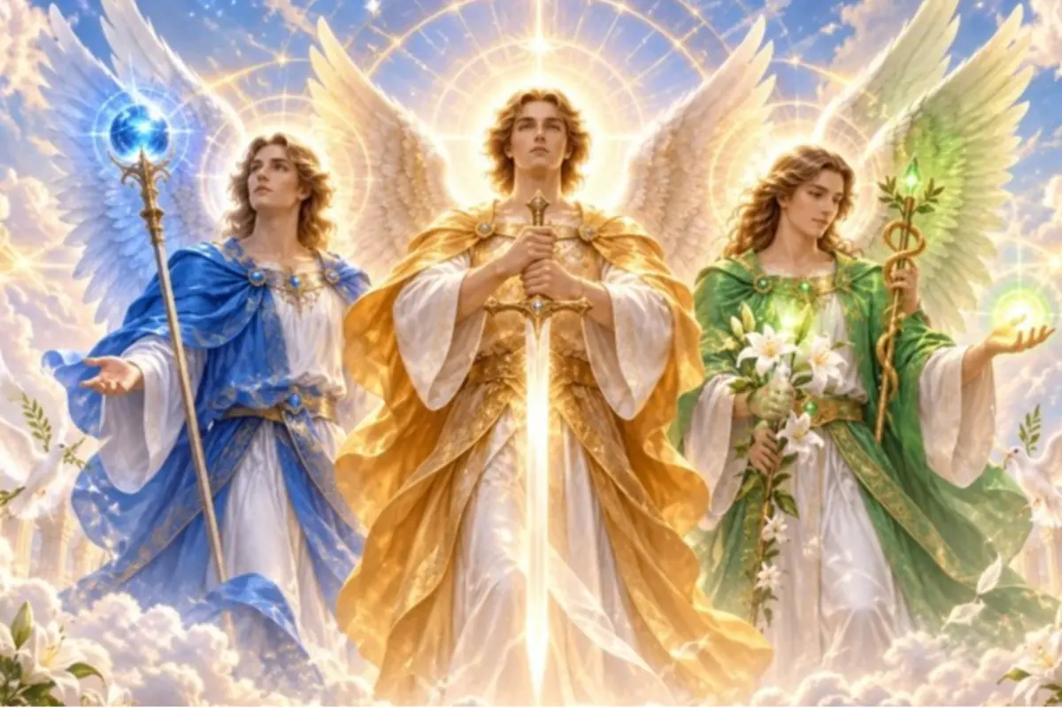 Illustration of three majestic angels in blue, gold, and green robes holding an orb, a great luminous sword, and a scepter with snakes among clouds and celestial light Illustration of three majestic angels in blue, gold, and green robes holding an orb, a great luminous sword, and a scepter with snakes among clouds and celestial light