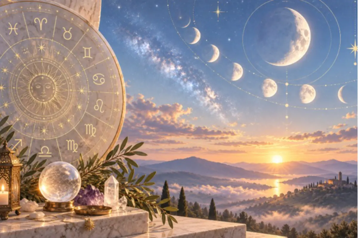 Mystical dawn scene with a zodiac wheel, divination crystal, moon phases, and a mountainous landscape with a lake and mist Mystical dawn scene with a zodiac wheel, divination crystal, moon phases, and a mountainous landscape with a lake and mist