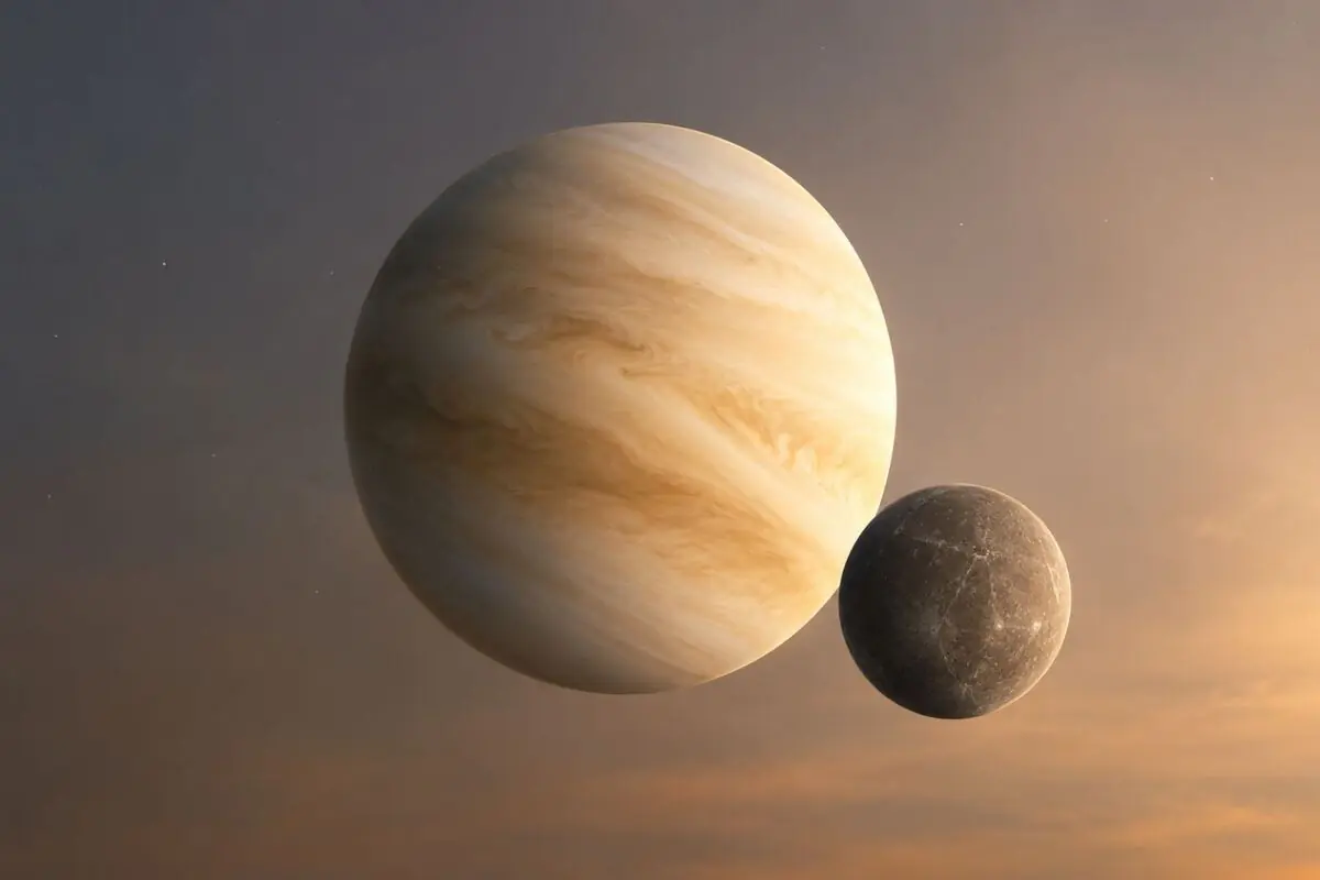 Illustration of a large cream-colored gas planet with cloud bands next to a rocky gray moon against an orange space sky. Illustration of a large cream-colored gas planet with cloud bands next to a rocky gray moon against an orange space sky.