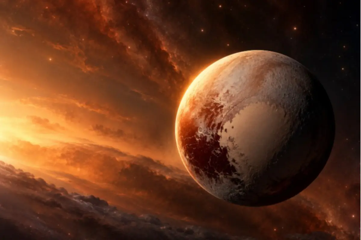 Frozen dwarf planet illuminated by an orange light with gas clouds and stardust in the background Frozen dwarf planet illuminated by an orange light with gas clouds and stardust in the background
