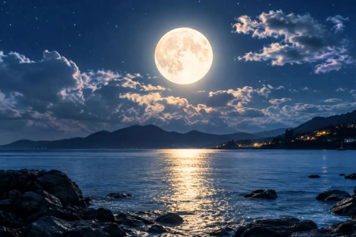 Bright full moon over a calm sea with dark mountains in the background and silvery reflections on the water Bright full moon over a calm sea with dark mountains in the background and silvery reflections on the water