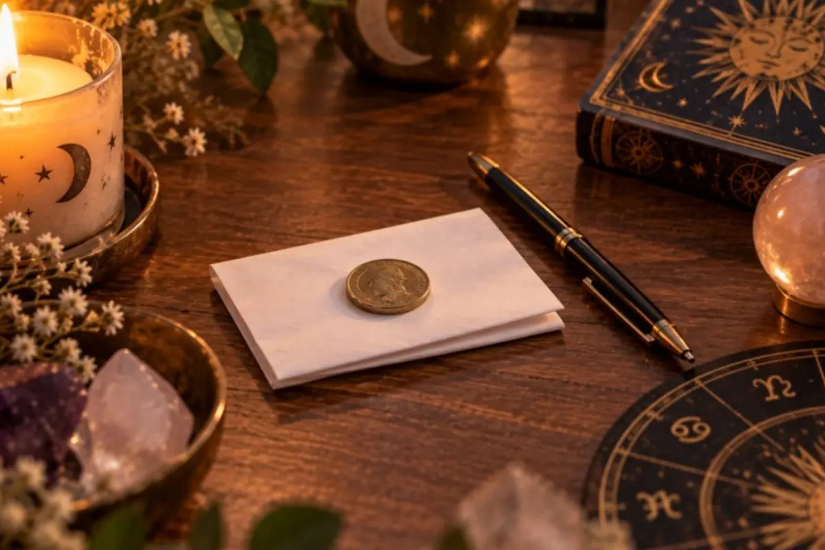Esoteric table with a lit candle, crystals, an astrological book, a feather on the table, and a white envelope with a coin on top