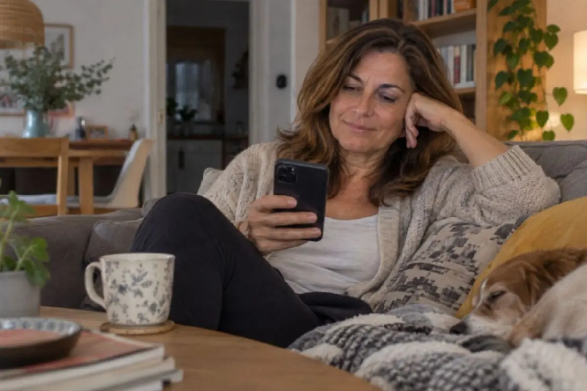 Relaxed woman on the couch in her living room looking at her phone, with a cup of coffee on the table and a dog sleeping beside her. Relaxed woman on the couch in her living room looking at her phone, with a cup of coffee on the table and a dog sleeping beside her.