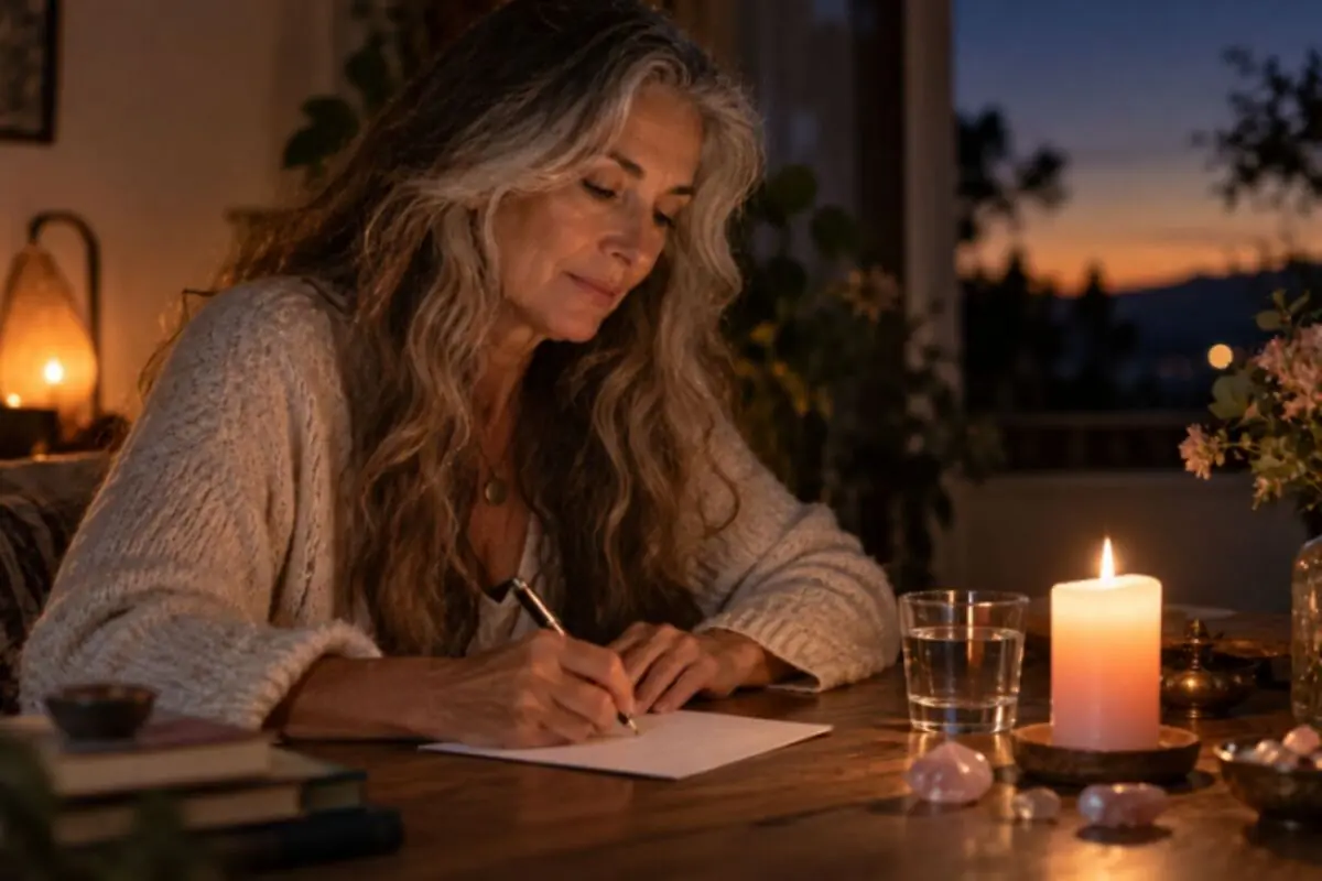 Gray-haired woman writing at a wooden table lit by a burning candle at sunset. Gray-haired woman writing at a wooden table lit by a burning candle at sunset.