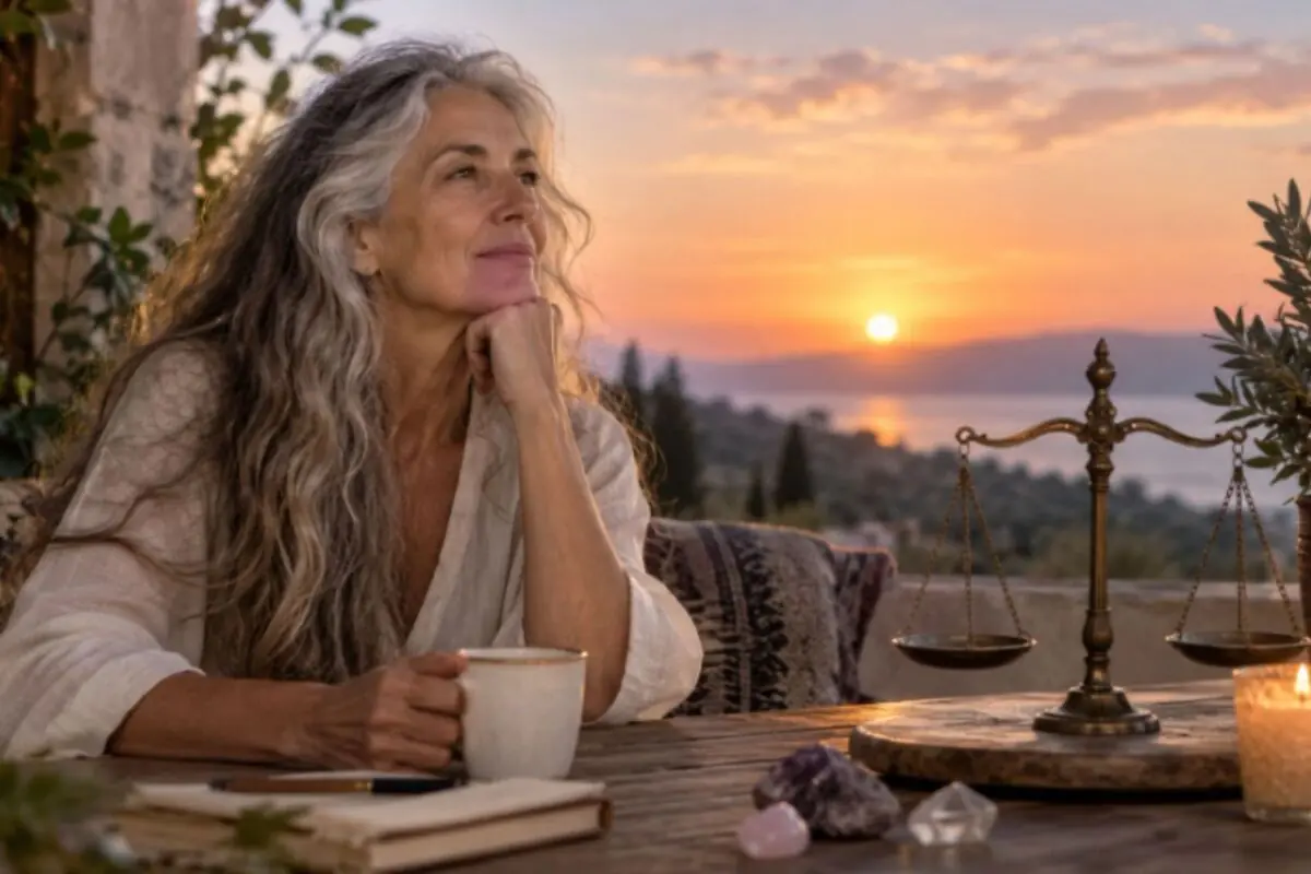 Older woman with gray hair enjoys a cup of coffee at sunset on a terrace overlooking the sea, next to an antique scale, candles, and crystals on the table. Older woman with gray hair enjoys a cup of coffee at sunset on a terrace overlooking the sea, next to an antique scale, candles, and crystals on the table.