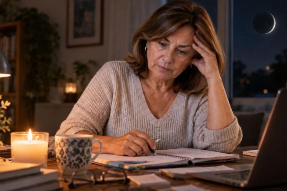 Middle-aged woman studying worriedly at a table with a notebook, candle, cup of coffee, and laptop at night, with the moon visible through the window. Middle-aged woman studying worriedly at a table with a notebook, candle, cup of coffee, and laptop at night, with the moon visible through the window.