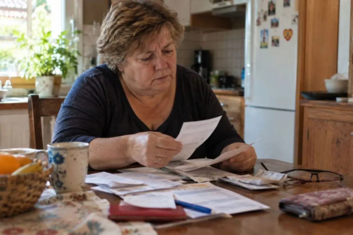 Older woman sitting in the kitchen reviewing bills and documents on the table.