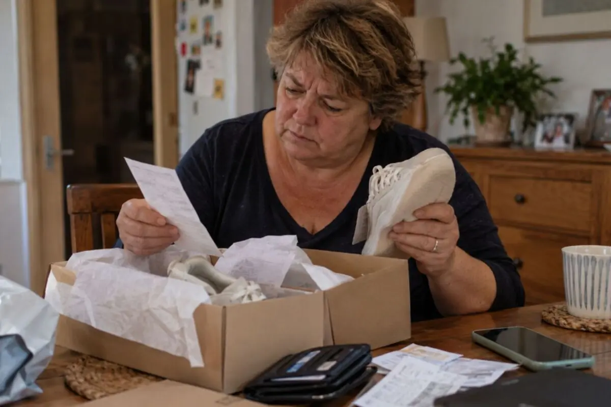 Older woman sitting at a table checking a purchase receipt while holding a new sneaker next to an open shoebox.