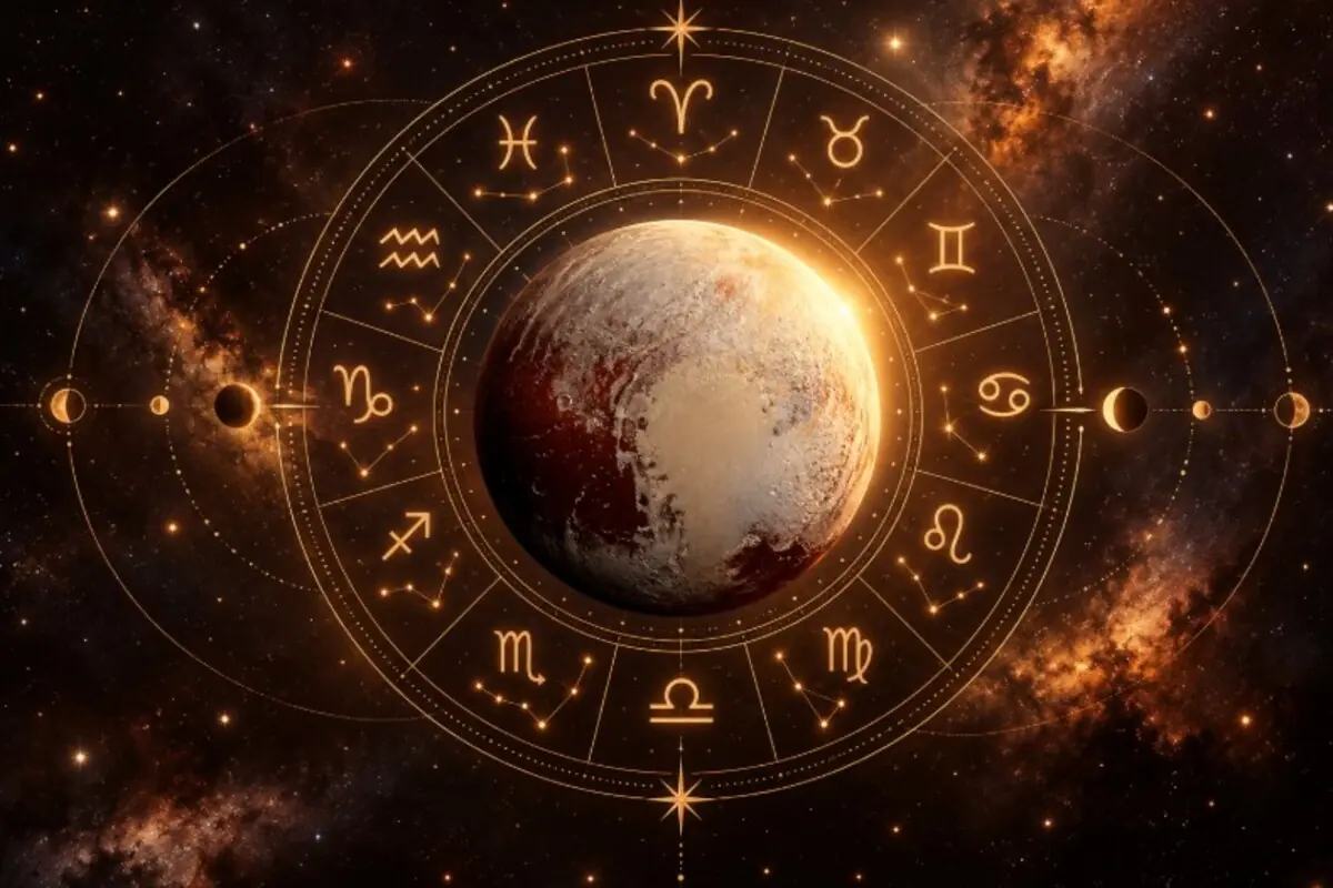 Illustration of a planet surrounded by a golden circle with zodiac symbols and constellations against a background of galaxies and stars Illustration of a planet surrounded by a golden circle with zodiac symbols and constellations against a background of galaxies and stars
