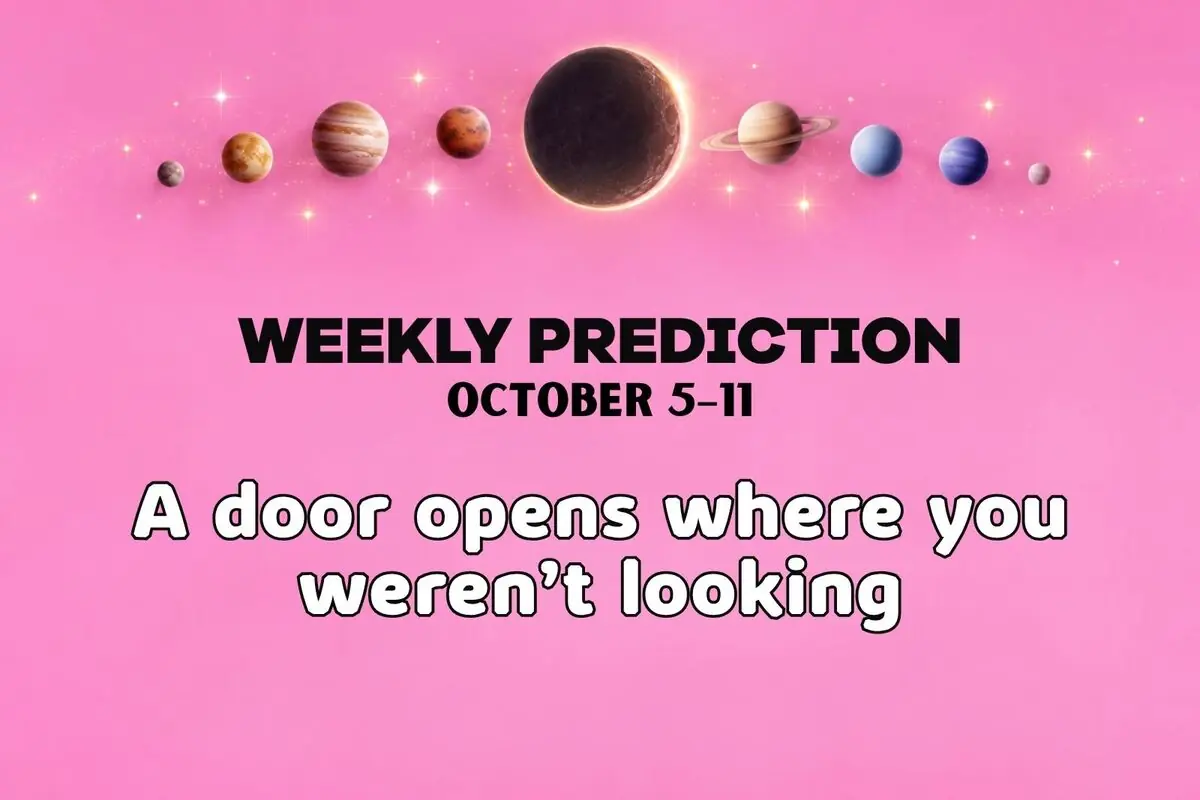 Weekly forecast from October 5 to 11 with aligned planets on a pink background and the message in English: A door opens where you weren’t looking.