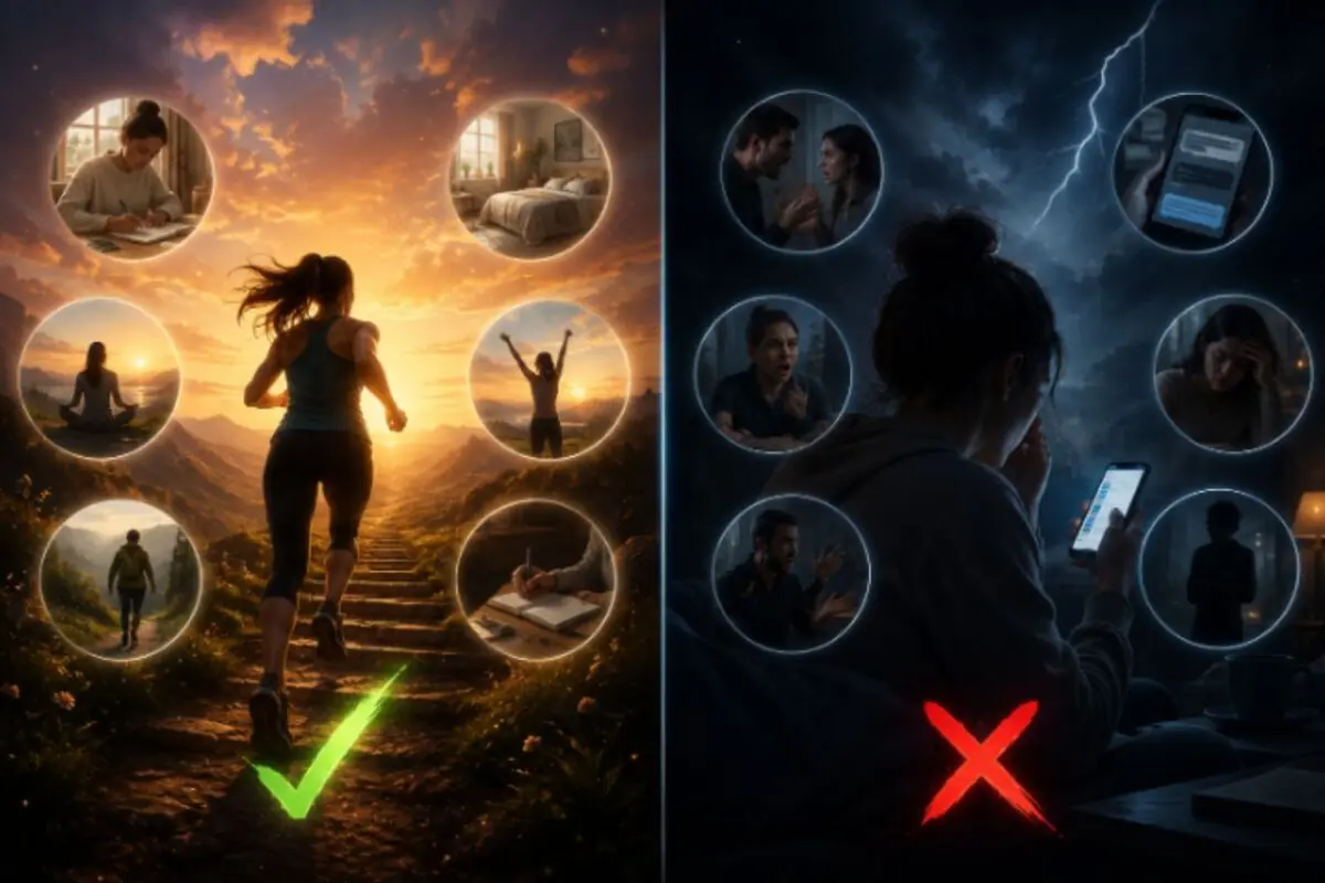 Visual comparison between a woman running toward a sunrise surrounded by scenes of wellness and productivity with a green check mark, and another woman alone looking at her phone in a dark environment surrounded by arguments and stress with a red X symbolizing healthy habits versus harmful habits Visual comparison between a woman running toward a sunrise surrounded by scenes of wellness and productivity with a green check mark, and another woman alone looking at her phone in a dark environment surrounded by arguments and stress with a red X symbolizing healthy habits versus harmful habits