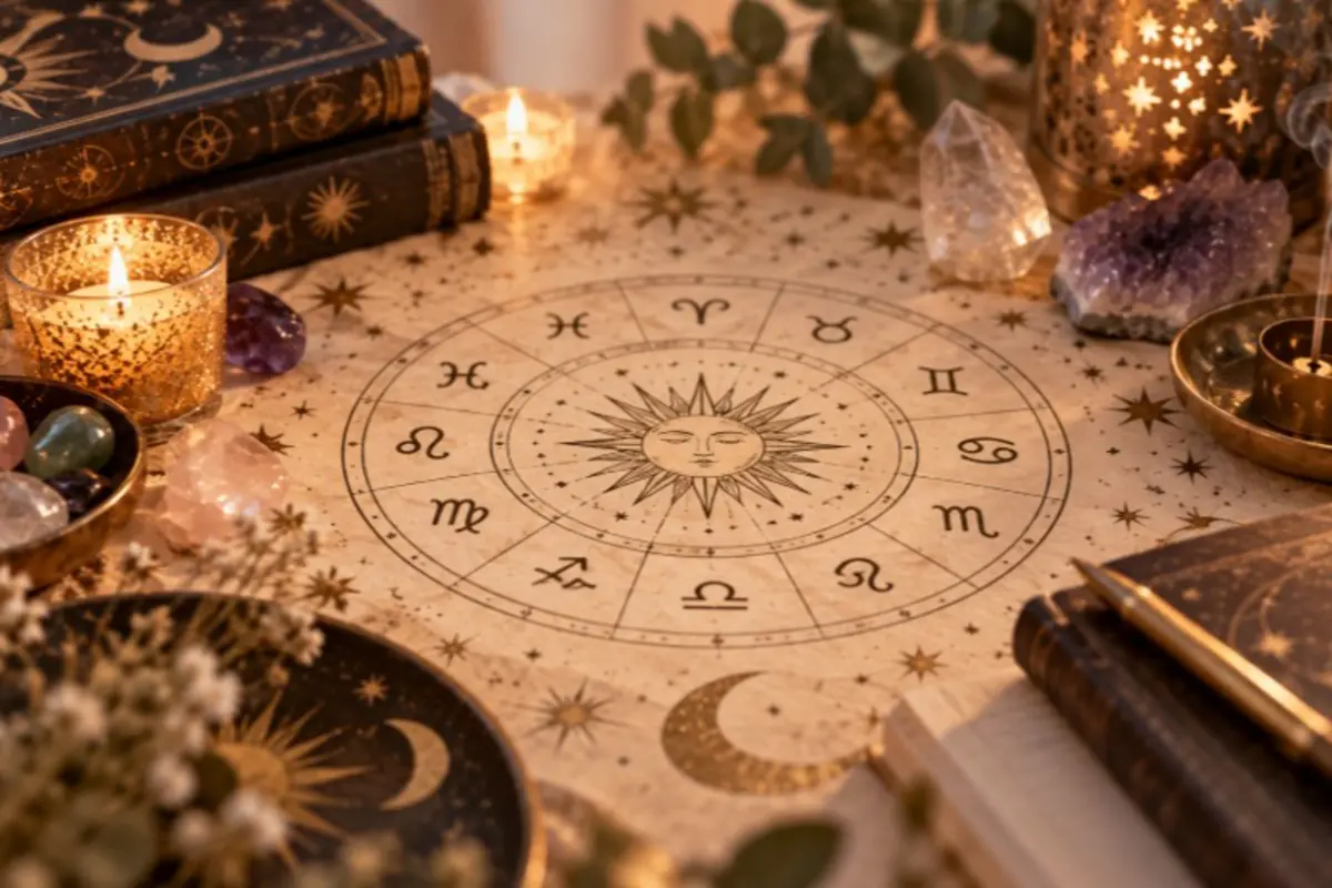 Esoteric table with a circular natal chart of the zodiac signs surrounded by lit candles, crystals, old books, and golden astrology objects