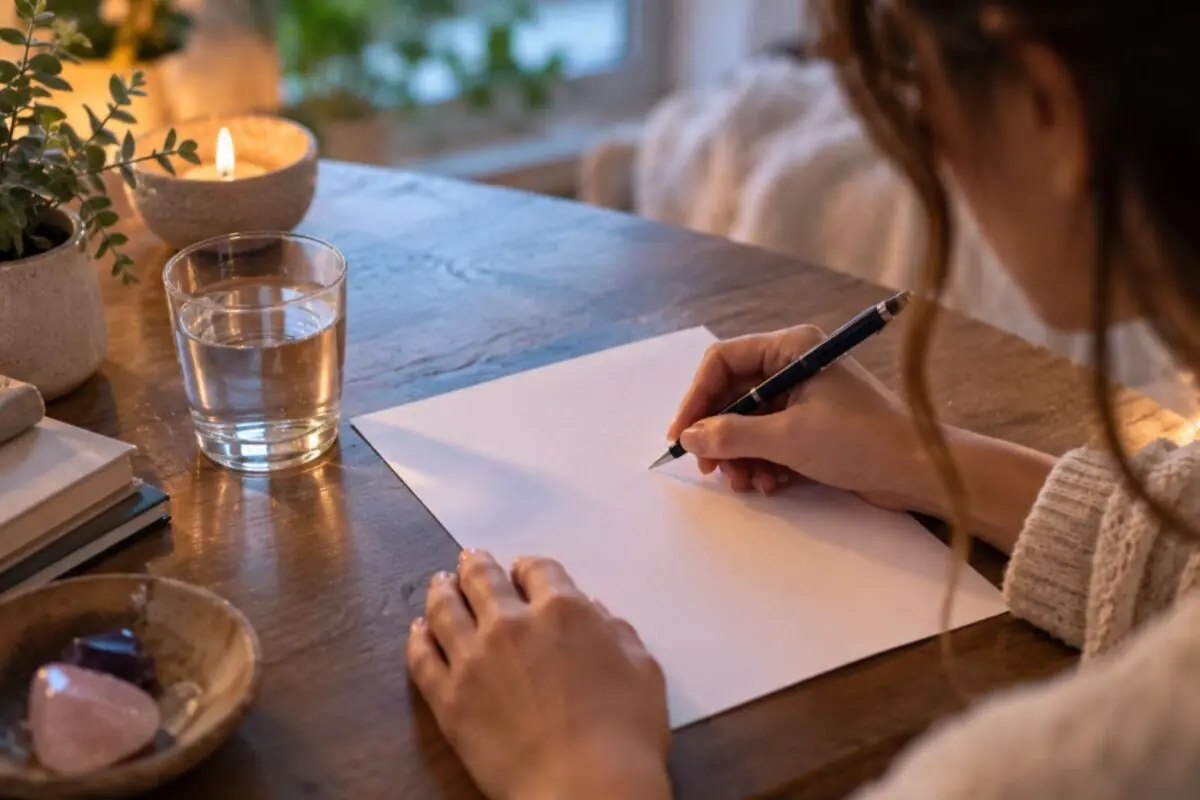 Person writing on a blank sheet of paper on a wooden table next to a lit candle, a glass of water, plants, and decorative crystals.
