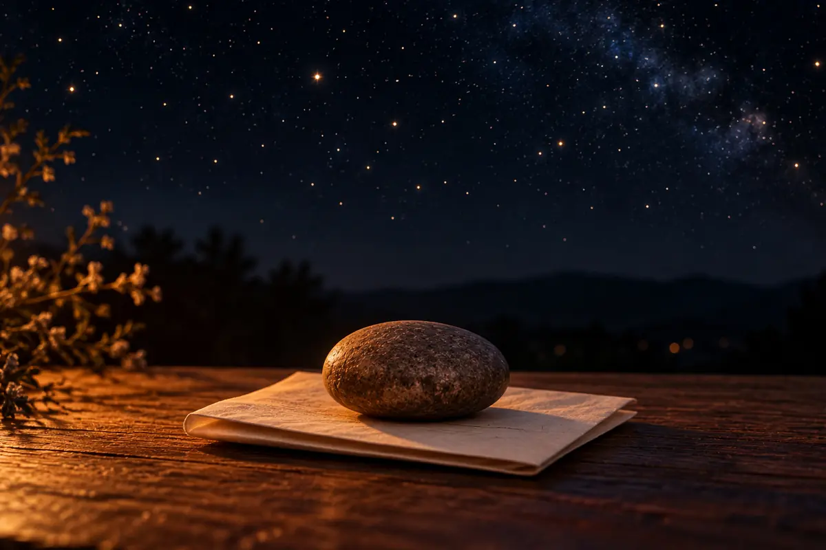 Smooth stone on sheets of paper on an outdoor wooden table under a starry night sky Smooth stone on sheets of paper on an outdoor wooden table under a starry night sky