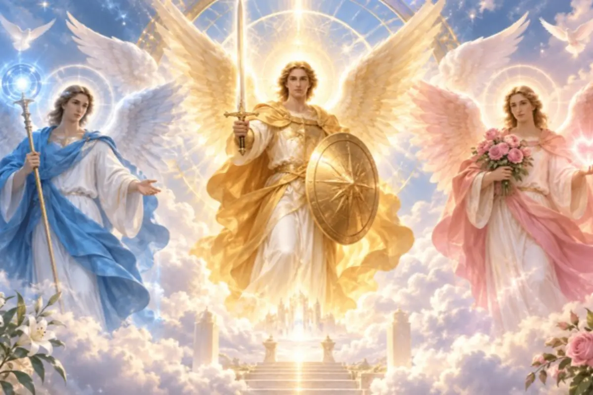 Celestial illustration of three winged angels above glowing clouds, the central one with golden armor, sword, and shield, and the ones on the sides in blue and pink robes holding a magic scepter and a bouquet of roses Celestial illustration of three winged angels above glowing clouds, the central one with golden armor, sword, and shield, and the ones on the sides in blue and pink robes holding a magic scepter and a bouquet of roses