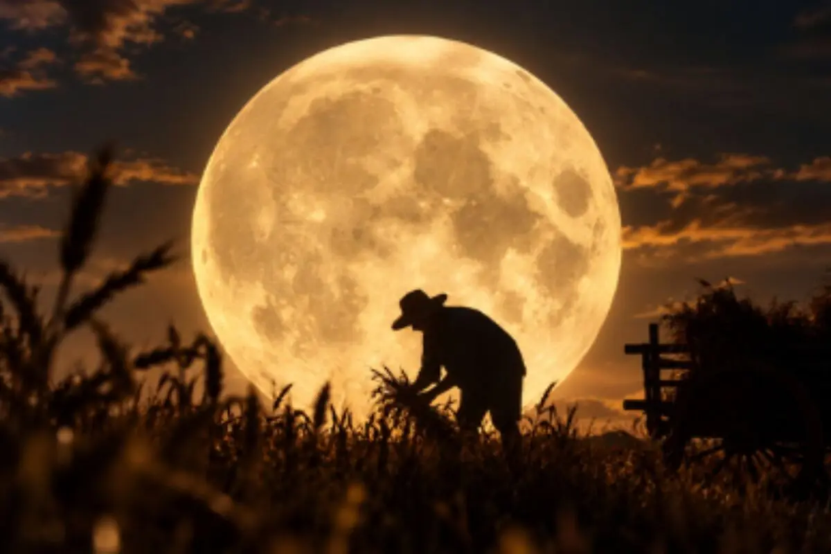 Peasant harvesting in a wheat field at sunset with a giant full moon illuminating the sky. Peasant harvesting in a wheat field at sunset with a giant full moon illuminating the sky.