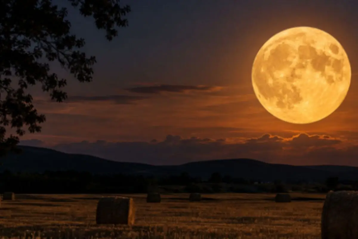 Orange full moon rising over a hayfield at sunset with dark mountains in the background. Orange full moon rising over a hayfield at sunset with dark mountains in the background.