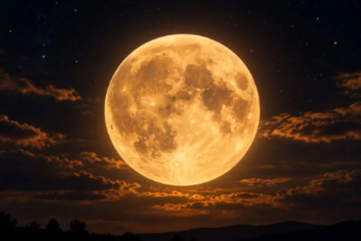 Orange full moon illuminating the night sky with dark clouds and silhouettes of mountains on the horizon. Orange full moon illuminating the night sky with dark clouds and silhouettes of mountains on the horizon.