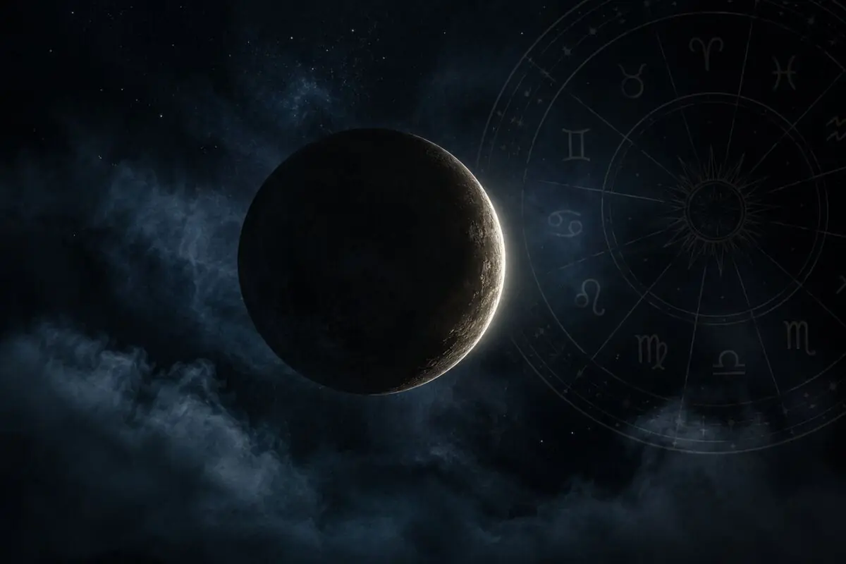 Dark planet in space with a thin halo of light and a circle of zodiac symbols in the background among clouds and stars. Dark planet in space with a thin halo of light and a circle of zodiac symbols in the background among clouds and stars.