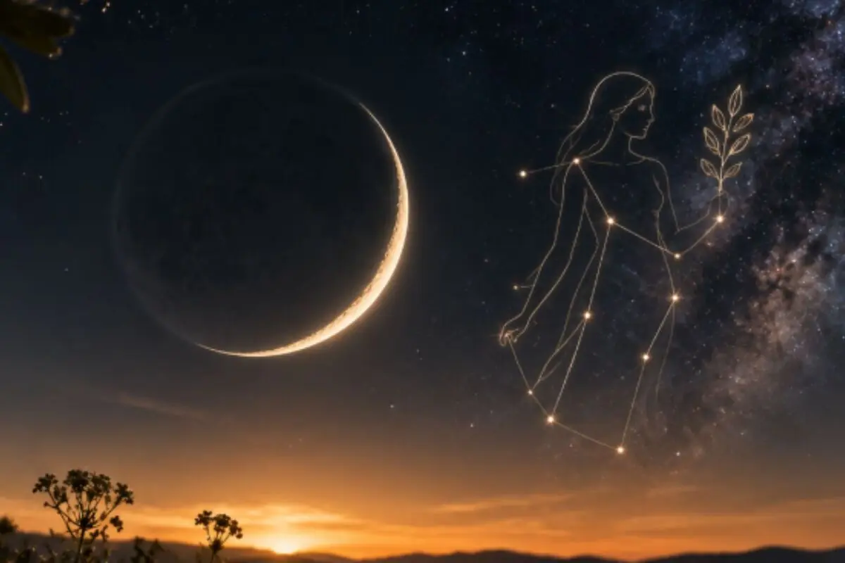 Illustration of a night sky with a crescent moon over the horizon and a female figure made of stars holding a branch in front of the Milky Way. Illustration of a night sky with a crescent moon over the horizon and a female figure made of stars holding a branch in front of the Milky Way.
