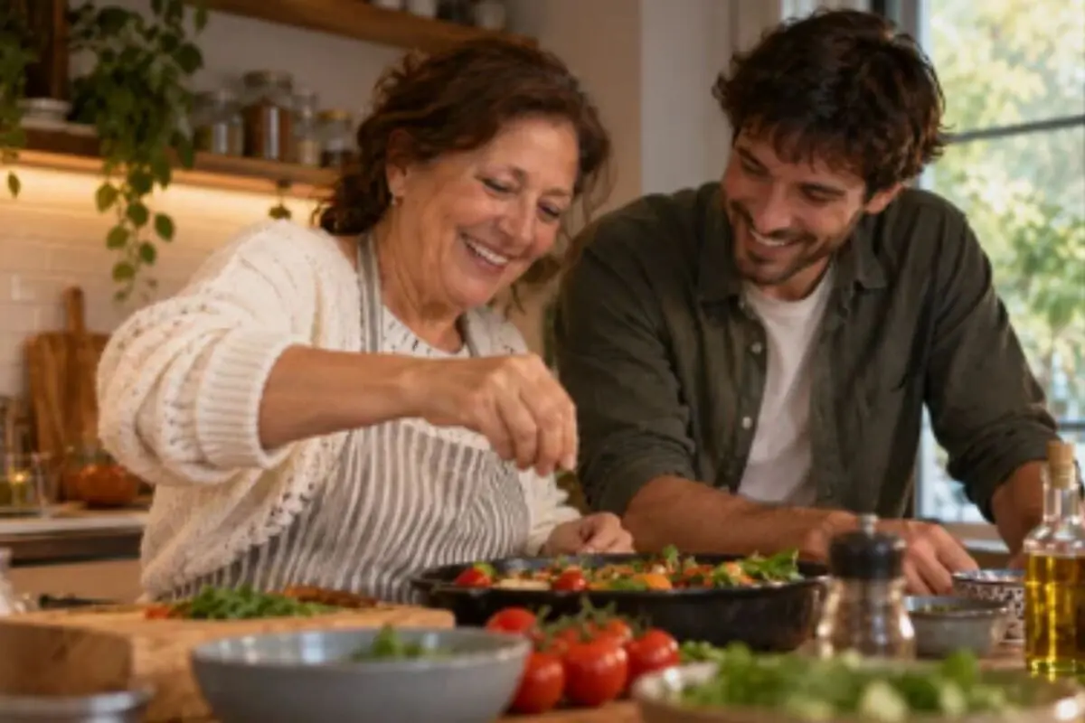 Older woman and younger man smiling while cooking a salad together in a cozy kitchen with fresh vegetables on the table.