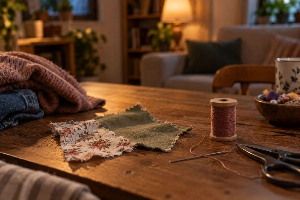 Wooden table with fabric scraps, spool of thread, needle, and scissors in a cozy living room lit by a lamp. Wooden table with fabric scraps, spool of thread, needle, and scissors in a cozy living room lit by a lamp.