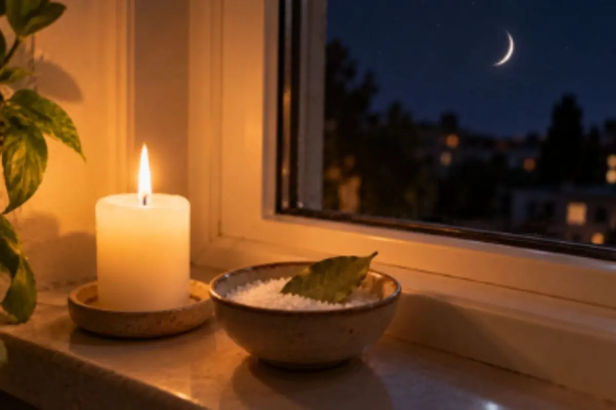 A lit candle next to a bowl of salt and a leaf on the sill of an open window at night, with a waxing moon in the background.