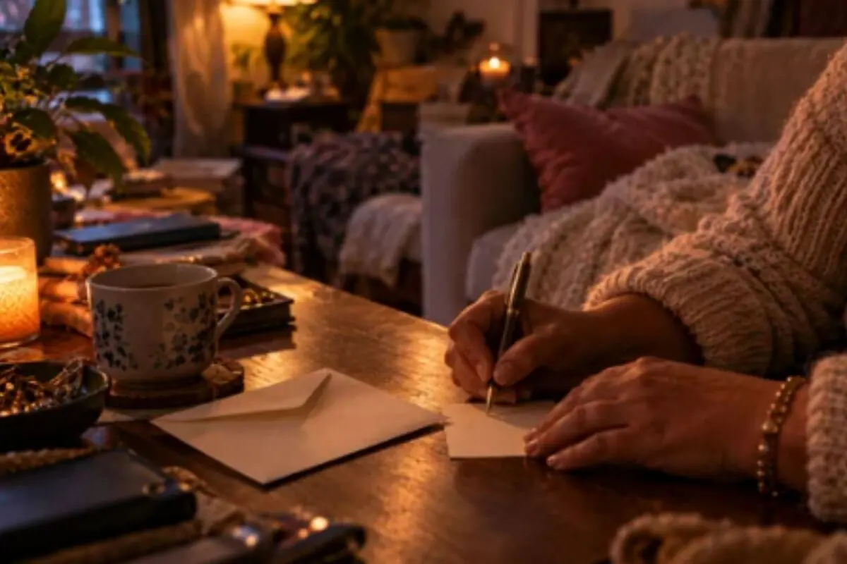 Person writing a handwritten letter at a wooden table with a cup of tea and lit candles in a cozy room illuminated by warm light.