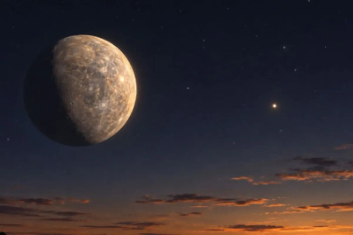 Partially lit rocky planet against a starry night sky with orange clouds on the horizon. Partially lit rocky planet against a starry night sky with orange clouds on the horizon.