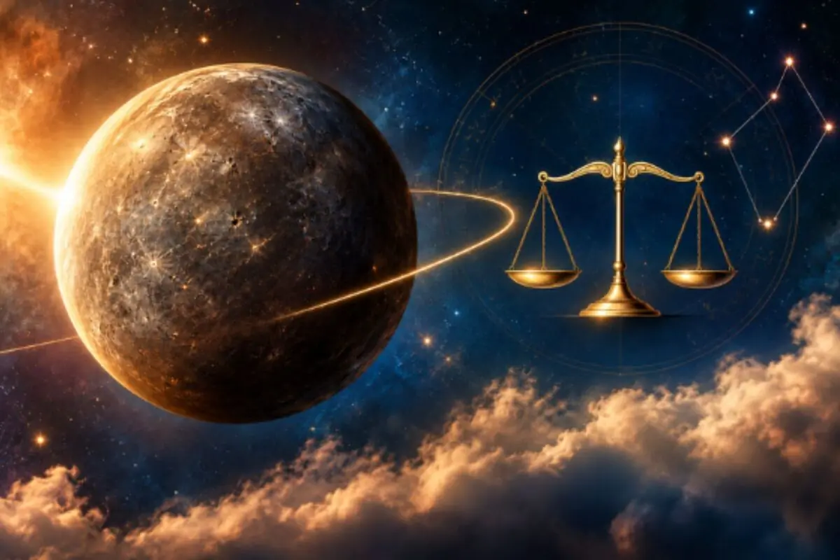 Planet in space next to a golden scale symbolizing cosmic balance above illuminated clouds. Planet in space next to a golden scale symbolizing cosmic balance above illuminated clouds.