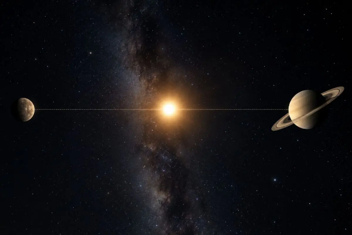 Illustration of the solar system with the Sun in the center aligned with a rocky planet on the left and Saturn with its rings on the right against a background of stars and the Milky Way.