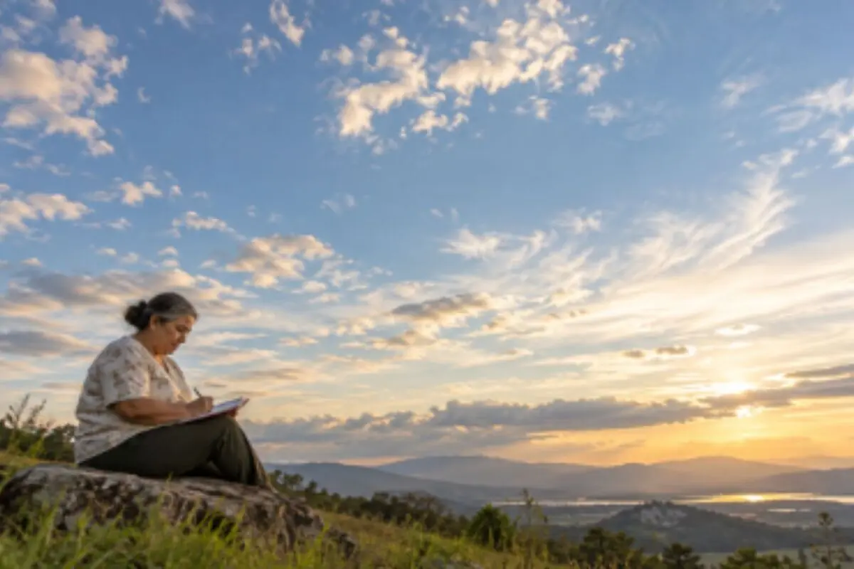 Elderly woman sitting on a rock writing in a notebook while watching a sunset in the countryside with mountains and clouds on the horizon.