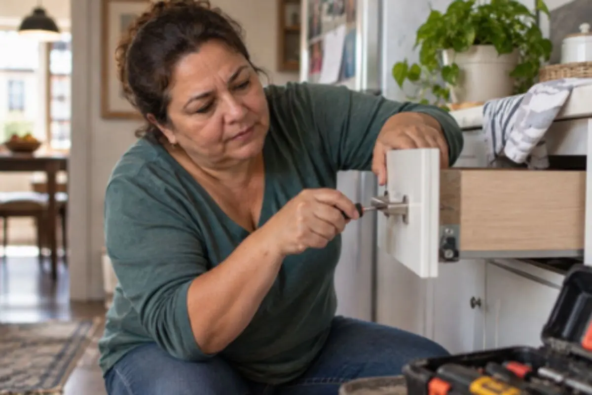 Woman tightening a drawer handle in the kitchen with a screwdriver. Woman tightening a drawer handle in the kitchen with a screwdriver.