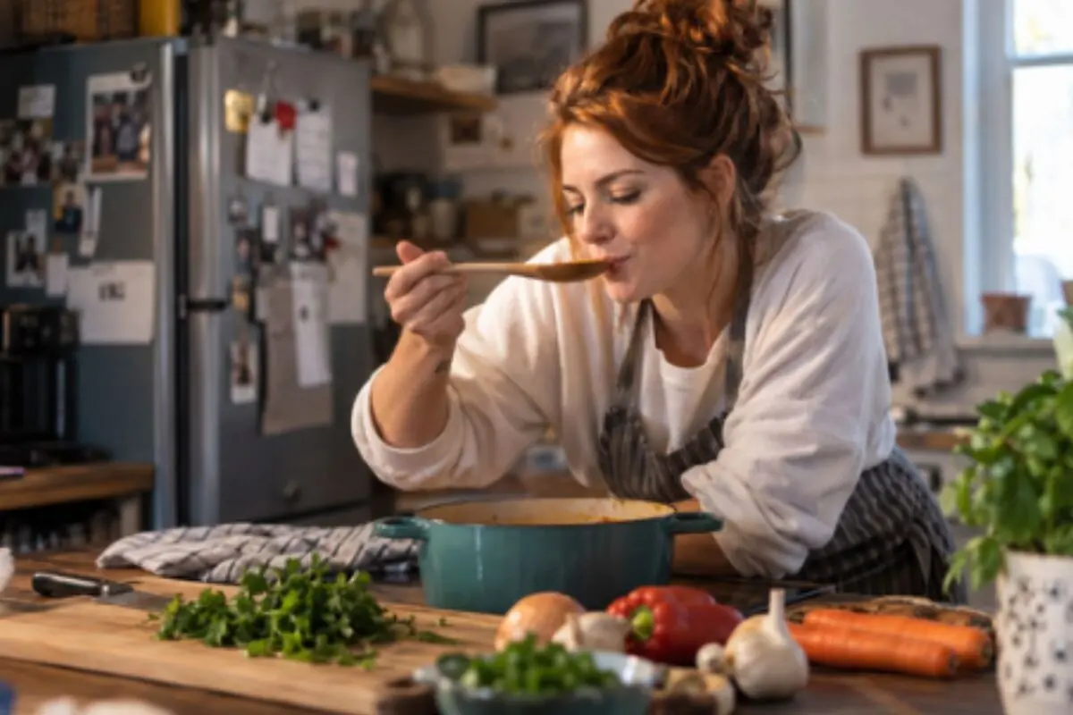 Woman tasting a stew with a wooden spoon from a green pot in a home kitchen, surrounded by fresh vegetables on the table. Woman tasting a stew with a wooden spoon from a green pot in a home kitchen, surrounded by fresh vegetables on the table.