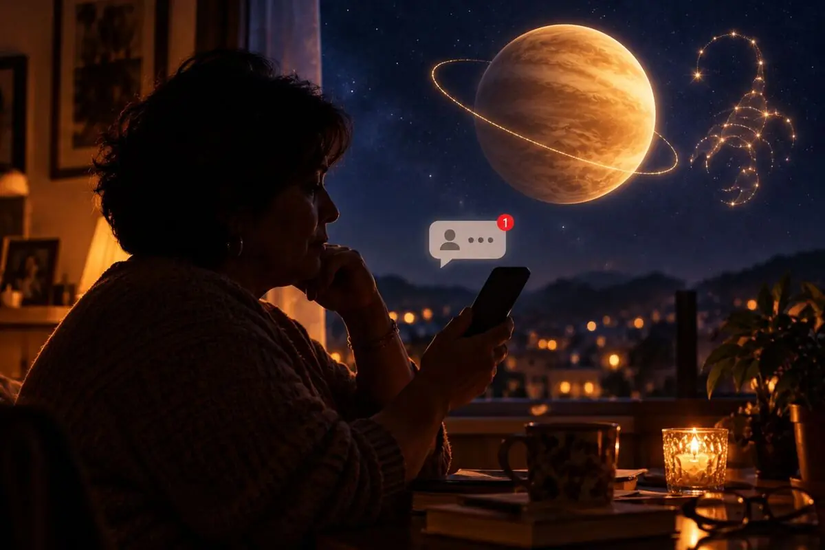 Thoughtful woman using her phone at night by a window while she looks at a starry sky with a giant ringed planet and the constellation of a scorpion and receives a new message notification.