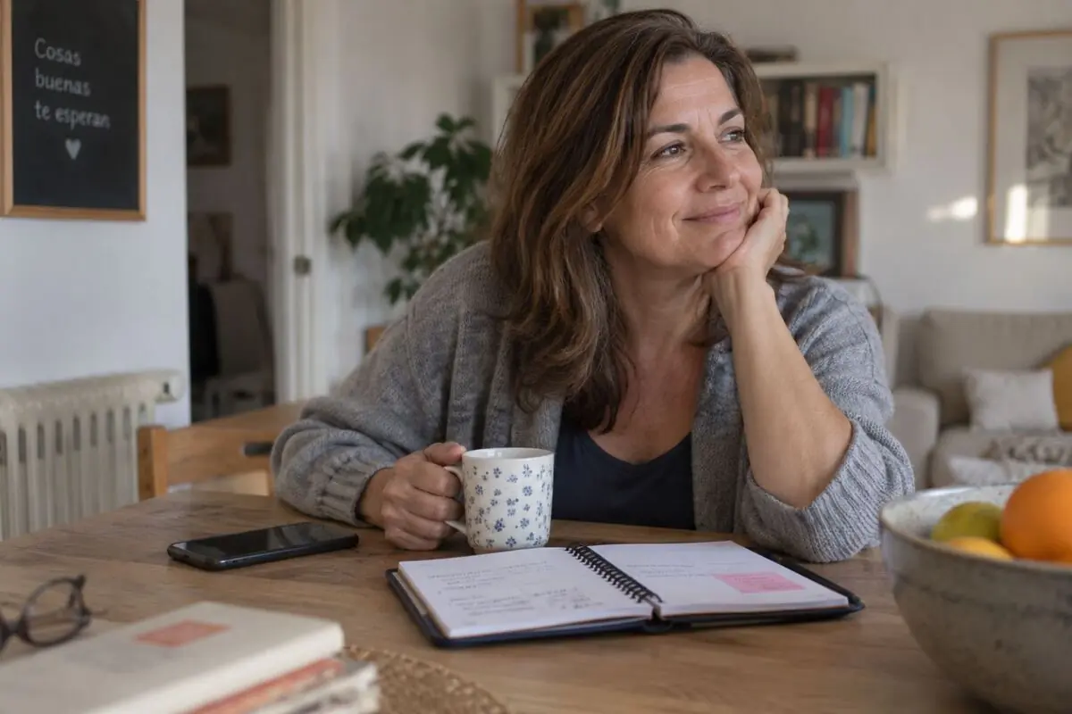Mature woman sitting at a wooden table at home with a cup in her hand, looking thoughtful, while in front of her there is an open planner, a mobile phone, and a bowl of fruit. Mature woman sitting at a wooden table at home with a cup in her hand, looking thoughtful, while in front of her there is an open planner, a mobile phone, and a bowl of fruit.