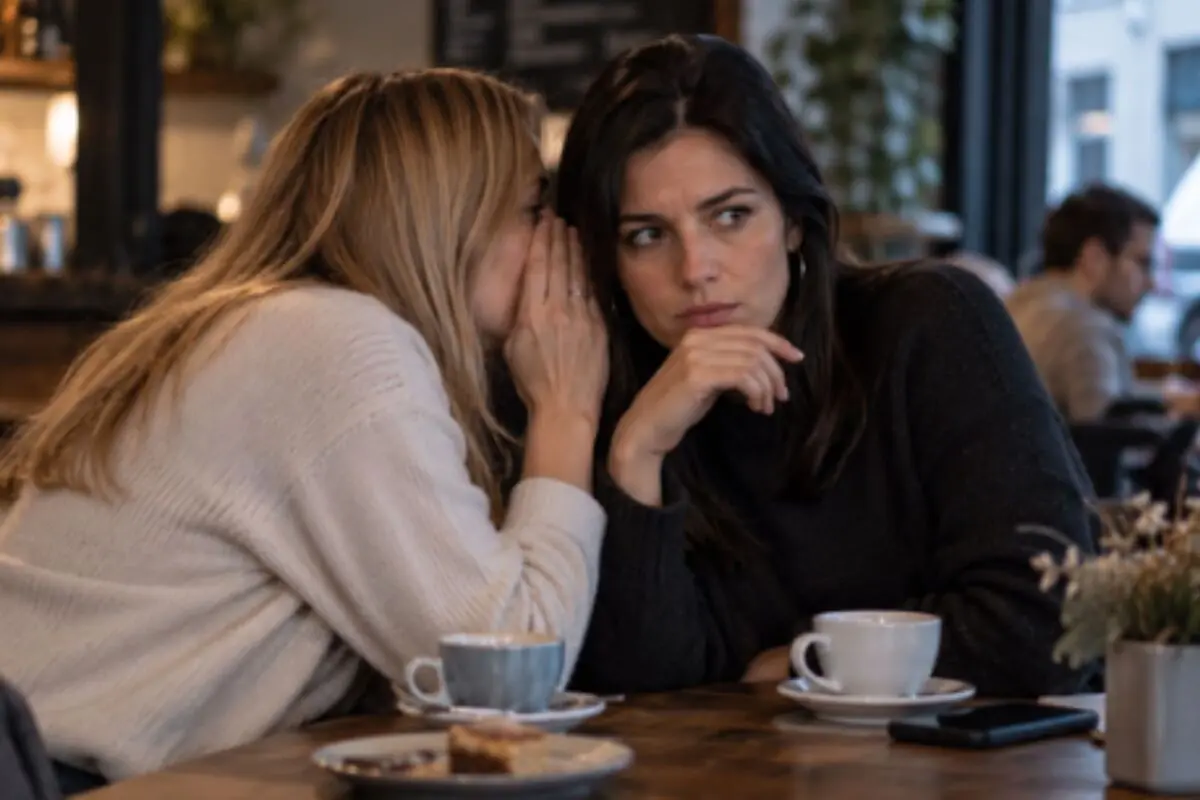 Two women are talking in a café while one whispers something in the ear of the other, who looks worried. Two women are talking in a café while one whispers something in the ear of the other, who looks worried.