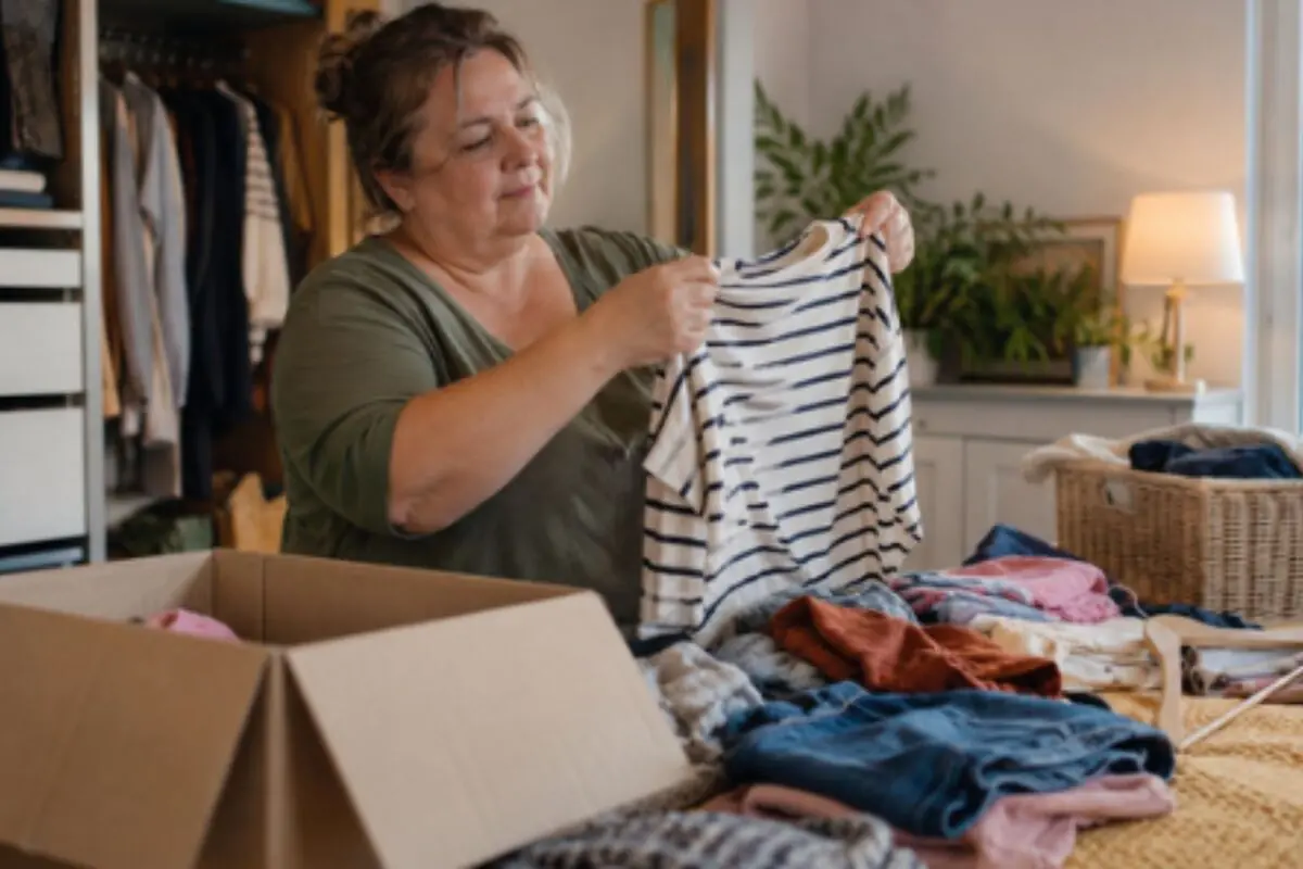 Woman organizing clothes and folding a striped T-jersey in front of a cardboard box in a bedroom. Woman organizing clothes and folding a striped T-jersey in front of a cardboard box in a bedroom.