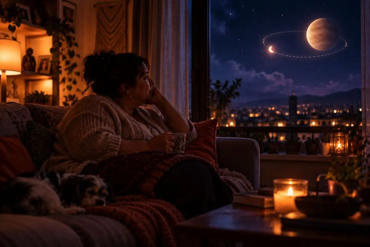 Woman sitting on a sofa with a cup in her hand, gazing thoughtfully out the window at a night sky with a giant planet and an illuminated moon, while a dog sleeps beside her in a cozy room with lit candles.